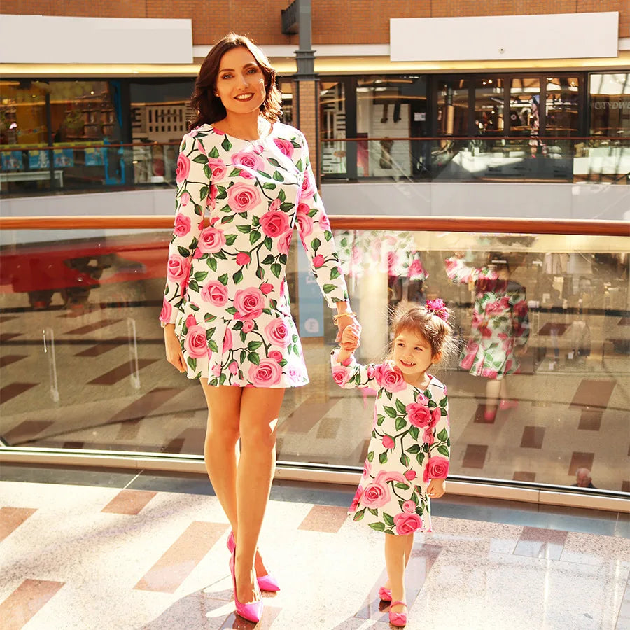 Mother-Daughter Dress with Rose Pattern