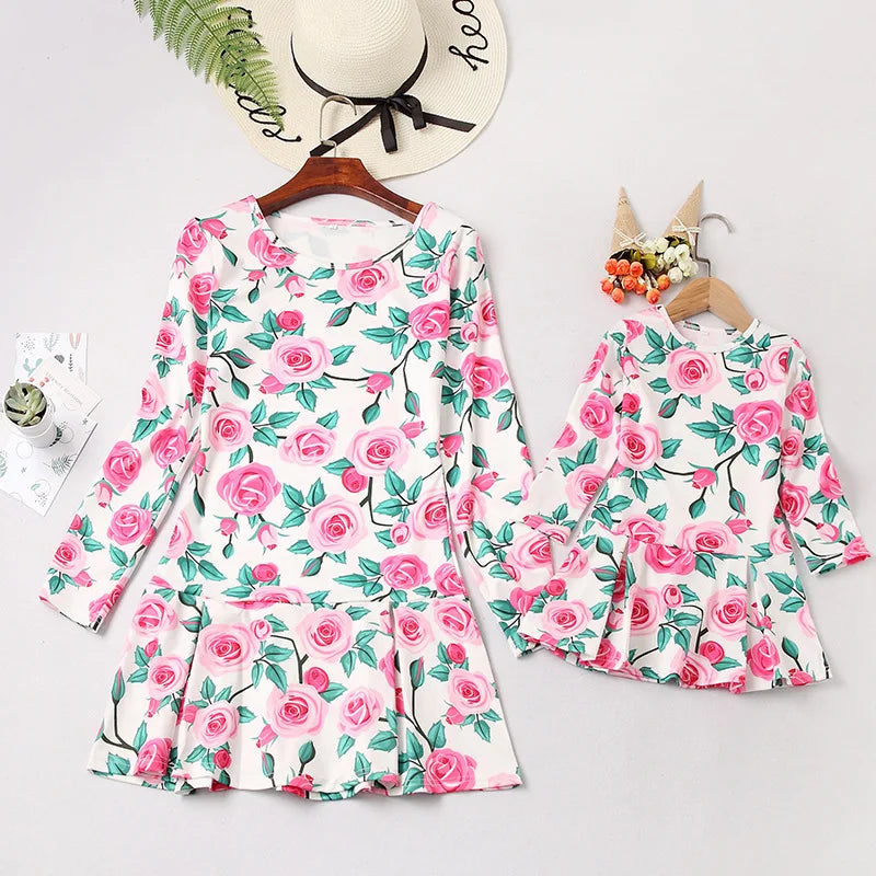 Mother-Daughter Dress with Rose Pattern