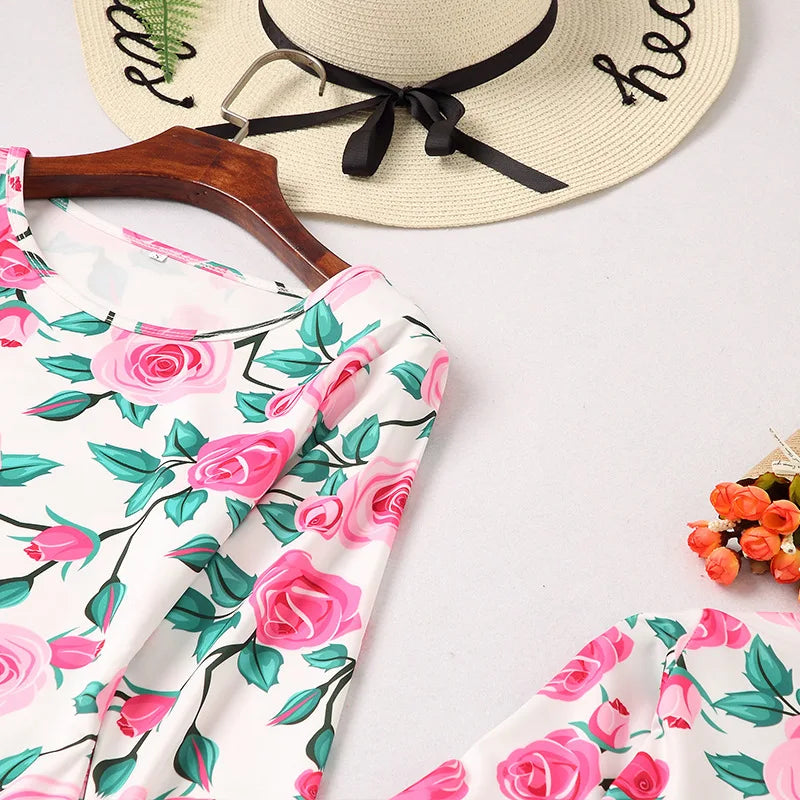 Mother-Daughter Dress with Rose Pattern