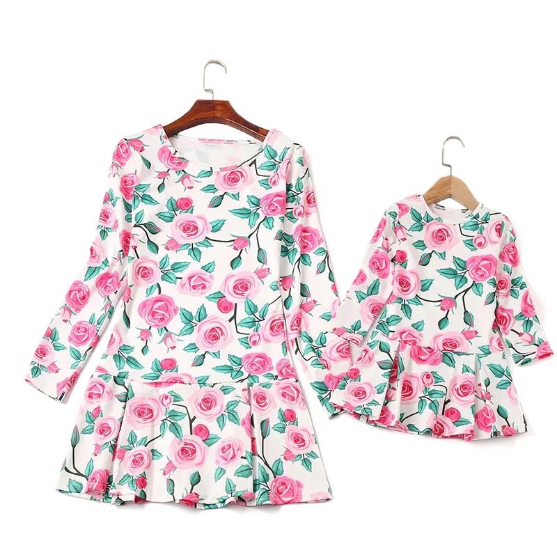 Mother-Daughter Dress with Rose Pattern
